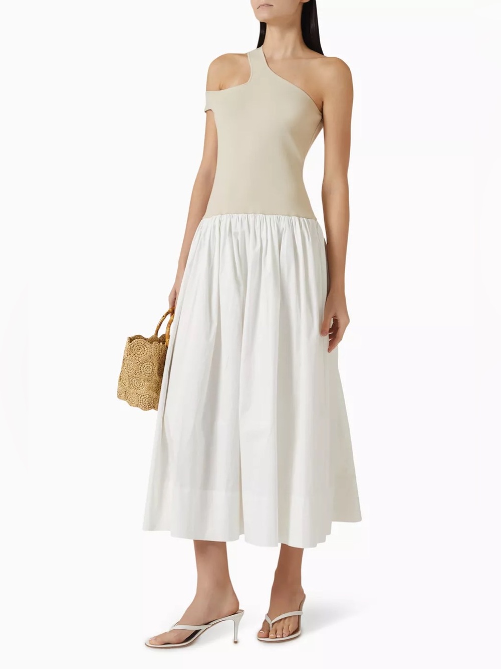 Et Ochs Tori One-Shoulder Beige and White Midi Dress